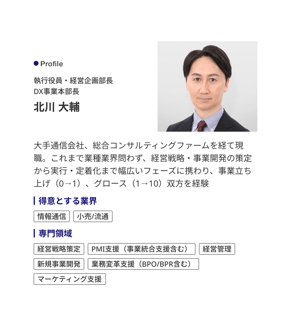 Profile 執行役員・経営企画部長 DX事業本部長 北川 大輔 大手通信会社、総合コンサルティングファームを経て現職。これまで業種業界問わず、経営戦略・事業開発の策定から実行・定着化まで幅広いフェーズに携わり、事業立ち上げ（0→1）、グロース（1→10）双方を経験 ［得意とする業界］情報通信、小売/流通 ［専門領域］経営戦略策定、PMI支援（事業統合支援含む）、経営管理、新規事業開発、業務変革支援（BPO/BPR含む）、マーケティング支援